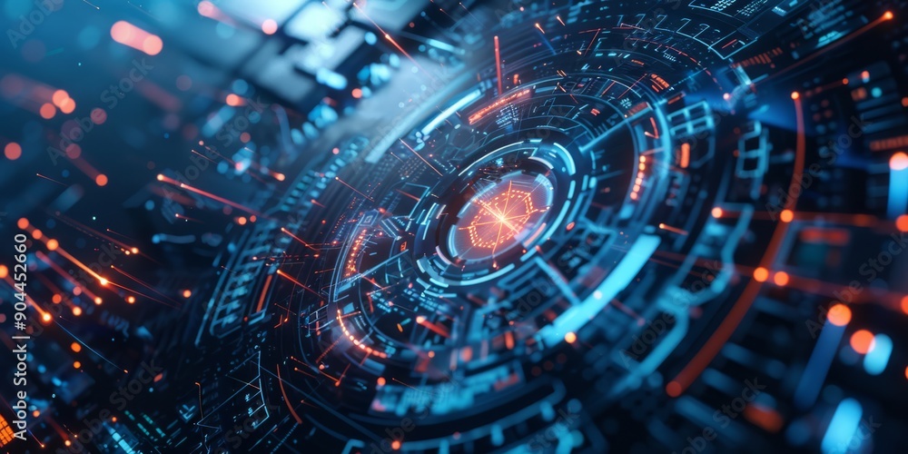 Poster explore the future with a technologydriven interface featuring abstract cyber elements