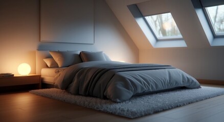 Cozy Bedroom With Large Windows Overlooking Snow-Covered Forest in Winter
