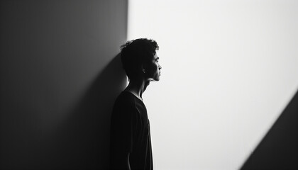 Silhouette of a young man standing against a wall, illuminated by dramatic lighting creating sharp contrasts between light and shadow.