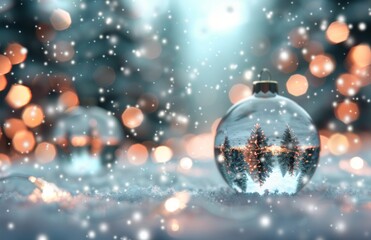 Obraz premium Snow Globe Capturing Winter Lights in a Snowy Landscape at Dusk