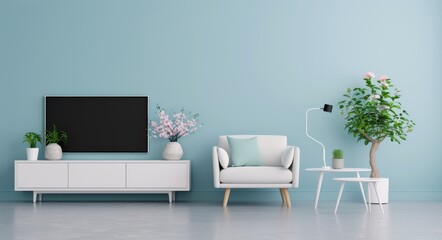 Modern Living Room With Light Blue Walls and White Couch Featuring Fresh Flowers