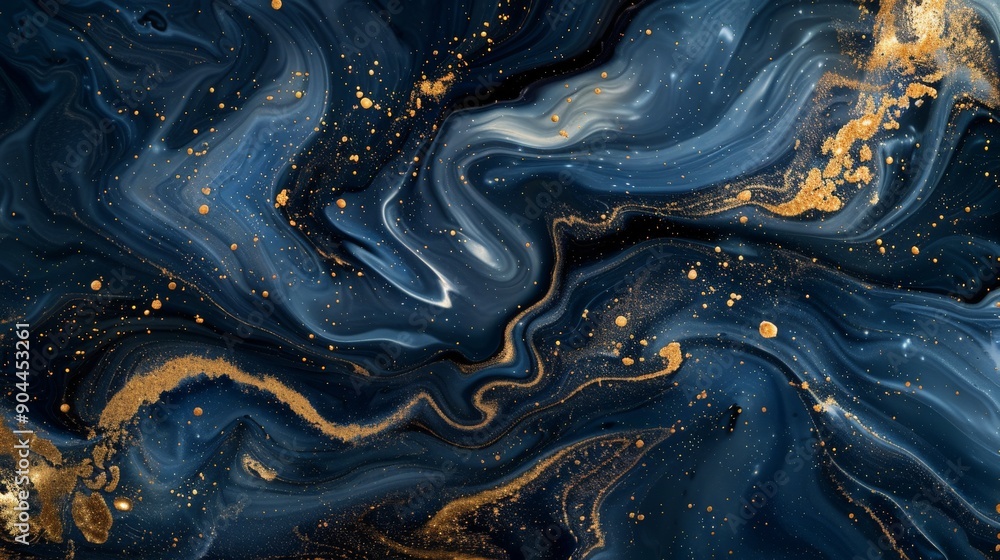 Poster captivating blue and gold abstract art with swirling patterns and splashes of gold, invoking a sense