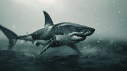 Fototapeta premium Great White Shark Swimming in Underwater Grass at Dusk