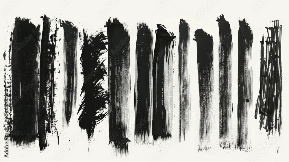 Fototapete An array of textured black paint strokes on a white canvas captures various artistic elements, showcasing an abstract style rich in contrast, creativity, and emotional expression.