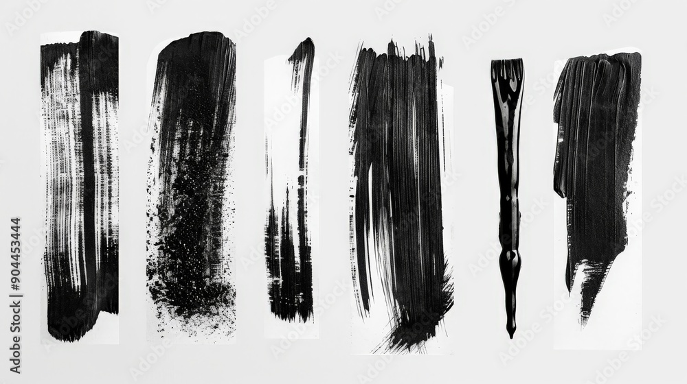 Aufkleber This image features a diverse array of abstract black paint strokes, each with unique textures and patterns, set against a clean white background.