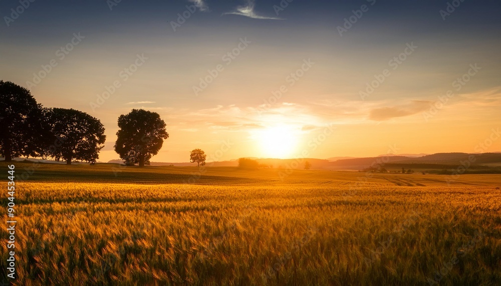 Sticker sunset over the field the sun touches the trees on the horizon