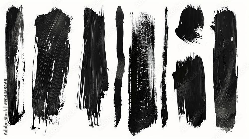Poster A collection of dynamic black brushstrokes with varying shapes and textures, presented on a stark white backdrop, revealing creativity and motion.