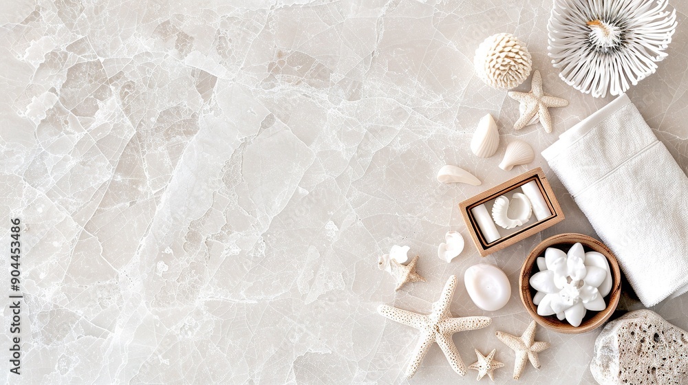 Poster seashell table with white marble counter top and towel