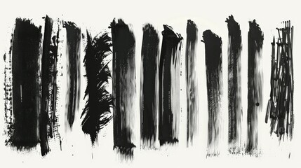 An array of textured black paint strokes on a white canvas captures various artistic elements, showcasing an abstract style rich in contrast, creativity, and emotional expression.