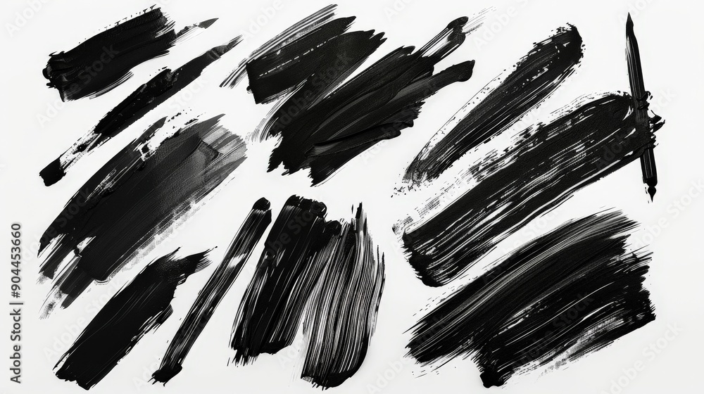 Aufkleber Various abstract black brushstrokes on a white background, capturing dynamic and expressive movements, perfect for backgrounds or creative projects.