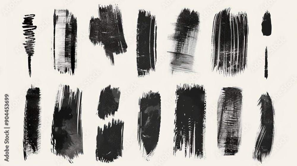 Poster a collection of diverse black brushstroke patterns on an off-white background, showing varied styles