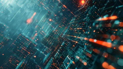 The artwork depicts a futuristic digital matrix with binary data flow and glowing particles