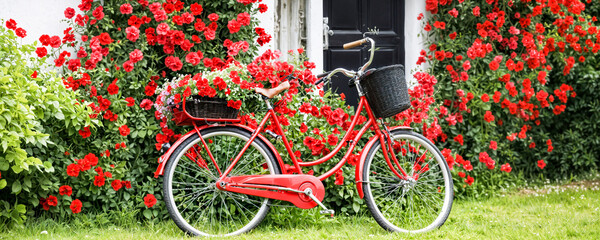 A bright red bicycle rests by a quaint cottage adorned with blooming flowers, capturing the essence of springtime in a serene countryside setting.