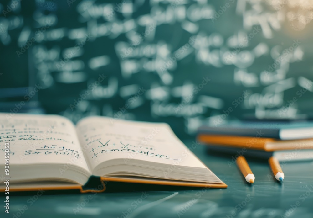 Aufkleber open book on stack of textbooks with chalkboard background and blurred lights