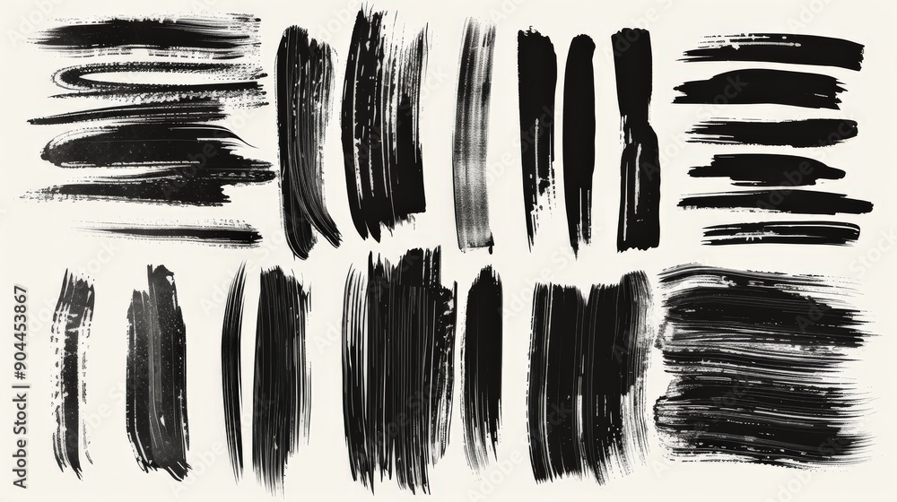 Poster This artwork displays an assortment of black paint strokes varying in width and pattern, set against a white background, offering a glimpse into the versatility of brush techniques.