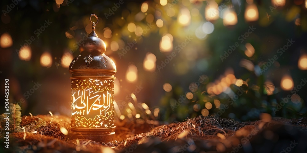 Poster a lantern with arabic writing illuminated in the darkness, suitable for use as a symbol of guidance 