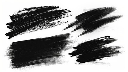 This image shows a collection of bold, abstract black paint strokes on a white background, showcasing a variety of textures and brush techniques used in modern art.