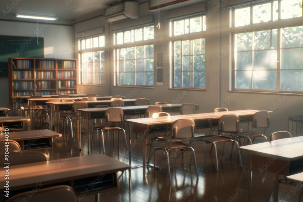 Poster sunlight streaming through empty classroom desks in afternoon