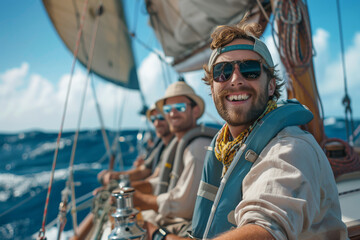 Joyful Sailing Team Enjoying a Bright Sunny Day on the Open Waters