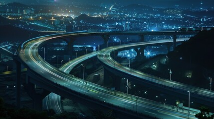 Top view and curvy of Highway overpass with beautiful city background. night scene.