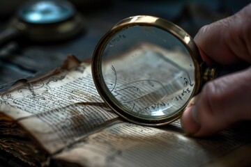 Historian is examining an ancient book with a magnifying glass, searching for clues and knowledge