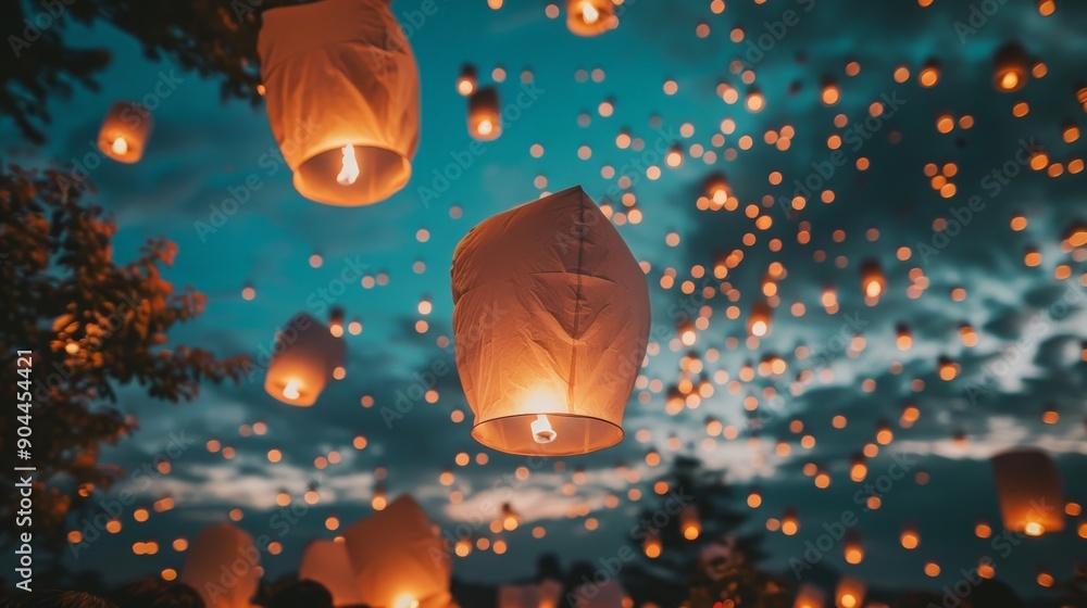 Aufkleber Multiple glowing paper lanterns ascend into the twilight sky, creating a captivating light display against a backdrop of darkening clouds and fading daylight.