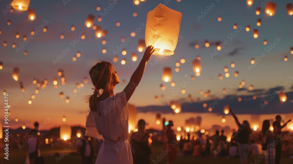 Poster a young girl in white dress releases a glowing paper lantern into the warm dusk sky, surrounded by a