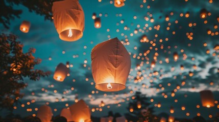 Multiple glowing paper lanterns ascend into the twilight sky, creating a captivating light display against a backdrop of darkening clouds and fading daylight.