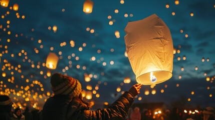 A person in winter clothing launches a glowing paper lantern into the night sky during a lantern festival, surrounded by many others creating a mesmerizing scene.