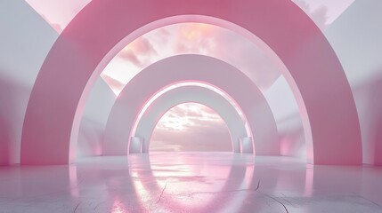 Obraz premium A white and pink tunnel leads to a sky with clouds in the background