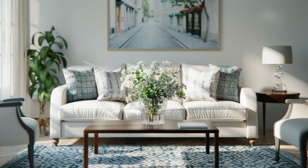 Elegant Living Room With Floral Arrangement and Modern Decor in Bright Natural Light