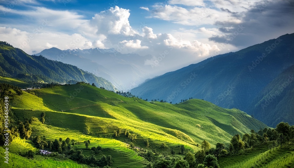 Poster landscape of green amazing valley and sky in uttrakhand