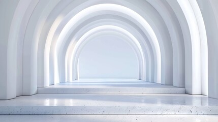   A long row of arches lines a white room, ending in a tunnel lit by a distant light