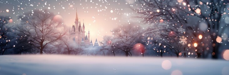 Fototapeta premium Winter Landscape With Snow-Covered Trees and Soft Lights at Dusk