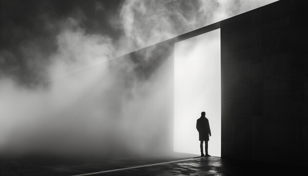 Silhouette of a man standing at the entrance of a brightly lit doorway in a dark, foggy environment.