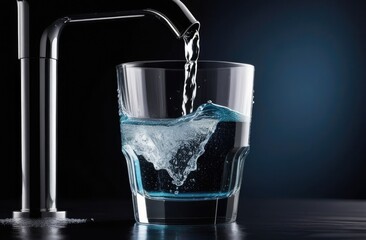 water is pouring into a glass from the faucet in the kitchen. blue black colors