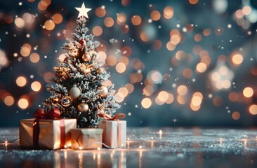 Snowy Christmas Tree With Gifts and Soft Bokeh Lights at Night