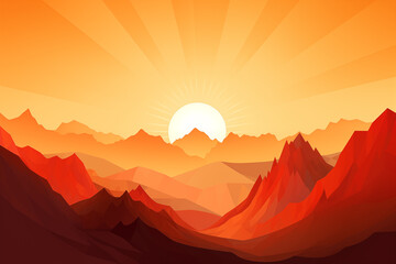 Stunning Sunset over Mountain Range with Orange and Red Hues in Abstract Style