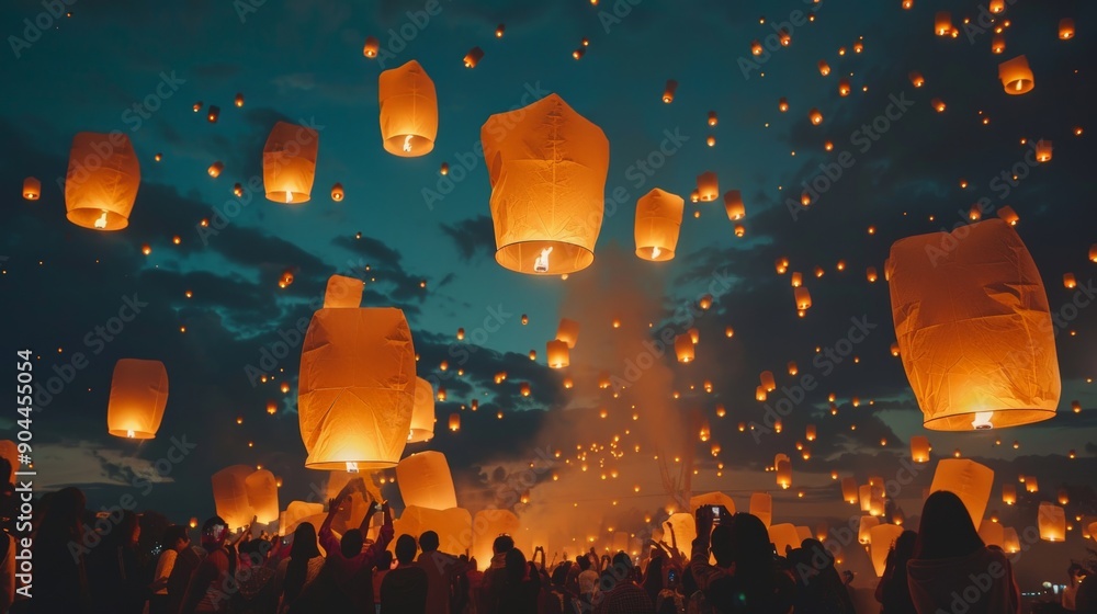 Poster the night sky is filled with floating lanterns during a festive event, creating a magical and serene