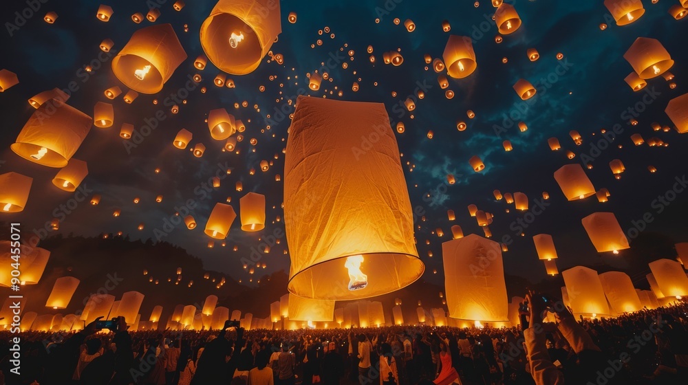 Poster The image displays a large gathering at night releasing illuminated lanterns into the sky, creating a mesmerizing and warm atmosphere filled with light and hope.