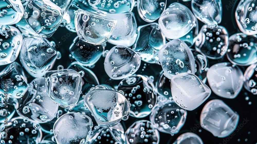 Poster a pile of ice cubes resting on a table with more ice cubes on top