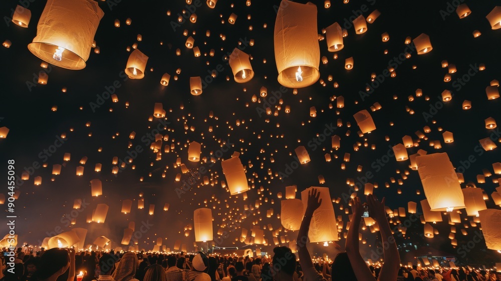 Poster this photograph captures an event where numerous glowing lanterns are released into the night sky by