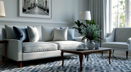 Elegant Living Room With Floral Arrangement and Modern Decor in Bright Natural Light