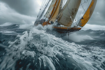 Obraz premium Dynamic Team Navigates Challenging Waters During Regatta on a Windy Day
