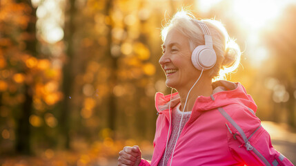 smiling senior woman in pink sportswear is jogging outdoors on an autumn morning, wearing white headphones and listening to music 