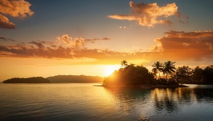 sunset on the lake tropical island with trees summer vibe background