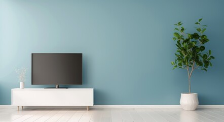 Modern Living Room With Comfortable Sofa and Green Plants by Light Blue Wall