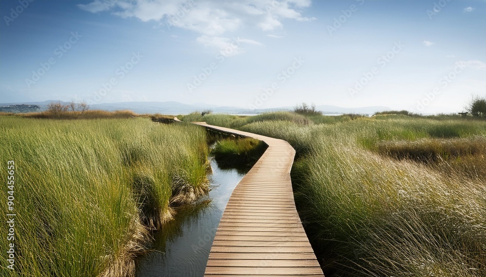 Wall mural riverside passage wooden boardwalk meanders through grassy banks