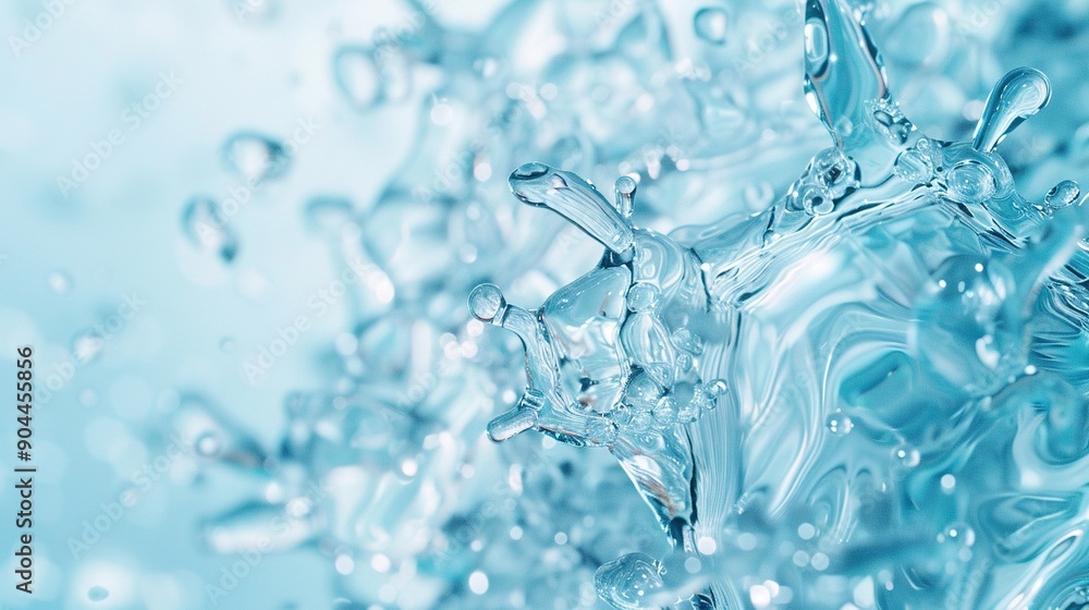 Poster a close-up view of water bubbles on a light blue background with a splash of water on the left side 