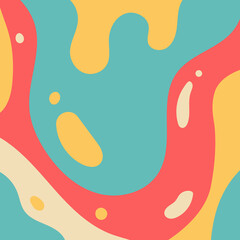 Colorful abstract background with wavy patterns and playful floral elements in shades of teal, yellow, coral, and beige. Ideal for creative projects, wallpapers, and modern art designs.